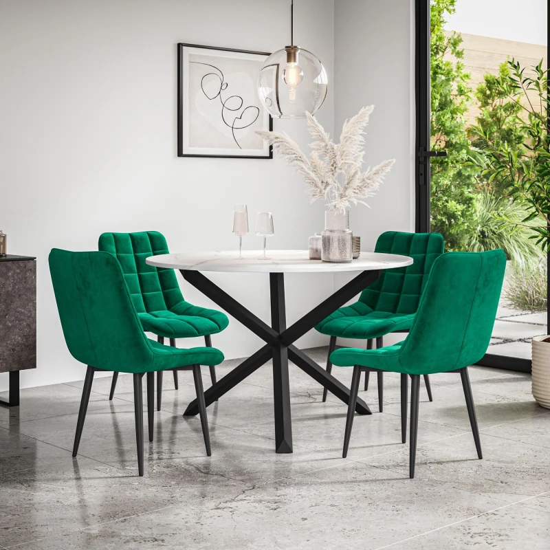 Image of More4Homes Malvern Round Dining Table And Chairs - Marble Table Top W Solid Black Oak Legs + Nova Velvet Dining Chair Set Of 4 (Green)