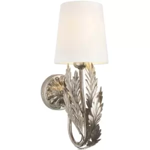 Image of Ornate Silver Wall Light Fitting & Ivory Cotton Shade Decorative Leaf Design
