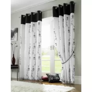 Image of Tahiti Eyelet Curtains Embroidered Lined Voile Black/White 56x54 - White