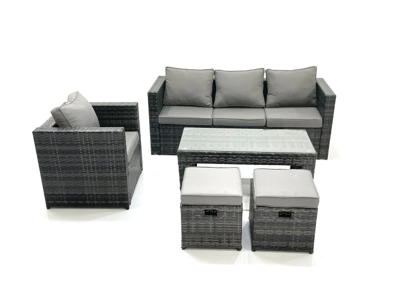 Image of Fimous Rattan Garden Furniture Set Outdoor Lounger Sofa with Coffee Table Armchair 2 Small Footstools Dark Grey Mixed Dark Grey