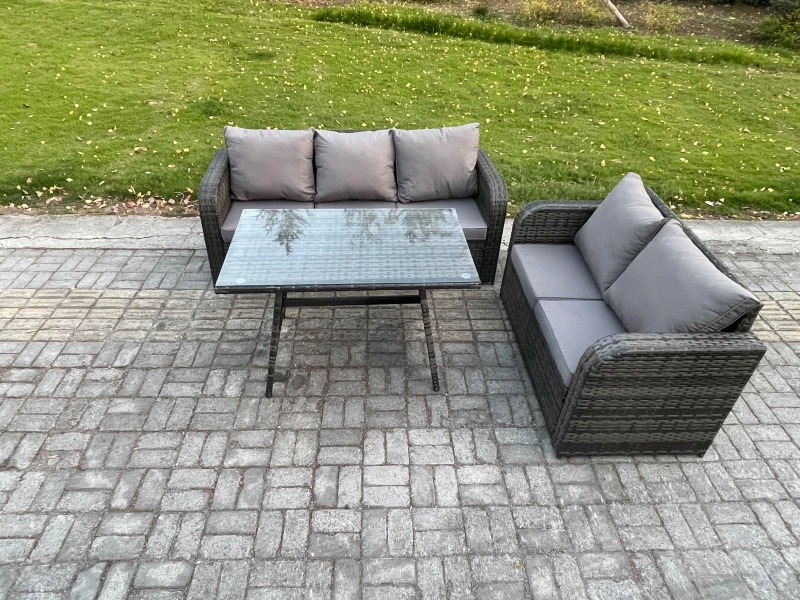 Image of Fimous High Back PE Rattan Sofa Set Outdoor Garden Furniture Dining Table Set Love Sofa 3 Seater Sofa Dark Grey