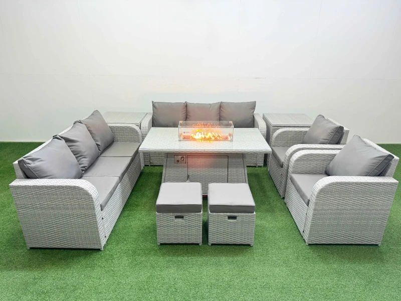Image of Fimous PE Rattan High Back Lounge Sofa Set Patio Firepit Dining Table & Chairs Set with 3 Seater Sofa Reclining Chair Stools 2 Side Table Light Grey L