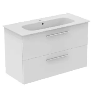Image of Ideal Standard I.life A 100Cm Matt White Wall Hung Vanity Unit, 104Cm White Vanity Basin And Chrome Handle Pack
