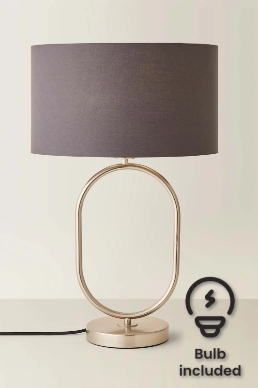 Image of ValueLights ValueLights Antonia Fabric Drum Lamp Shade Brushed Chrome Oval Table Lamp and Bulb in Charcoal Charcoal One Size Unisex 5059406066788