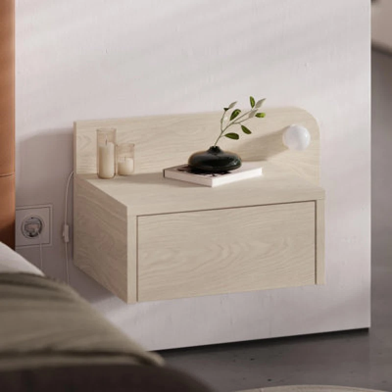 Image of Decortie Floating Bedside Table With Drawer, LED Light In 3-Tones 33.5Cm Wall-Mount Bedroom Storage Unit, Sonoma Oak