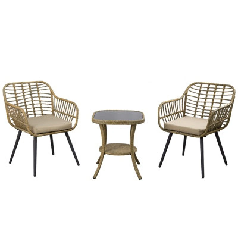 Image of 3 Pieces Rattan Garden Furniture Set, 2 Seaters Rattan Bistro Set With Glass Top Table, Soft Cushion + High Glass Top Table