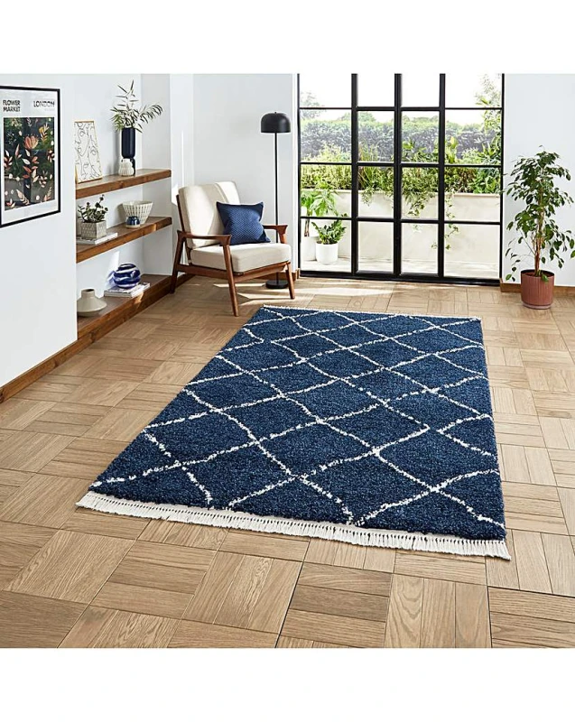 Image of Think Rugs Boho Navy Rectangle 080 x 150cm Polypropylene Berber 5413, Blue BOHO5413NVY0815