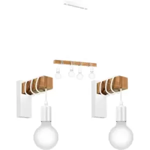 Image of Quad Ceiling Light & 2x Matching Wall Lights White & Wood Hanging Trendy Lamp