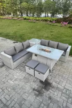 Image of Fimous 6 Seater Outdoor Light Grey Rattan Lounge Complete Sofa Set with Gas Fire Pit, Side Table and 2 Stool