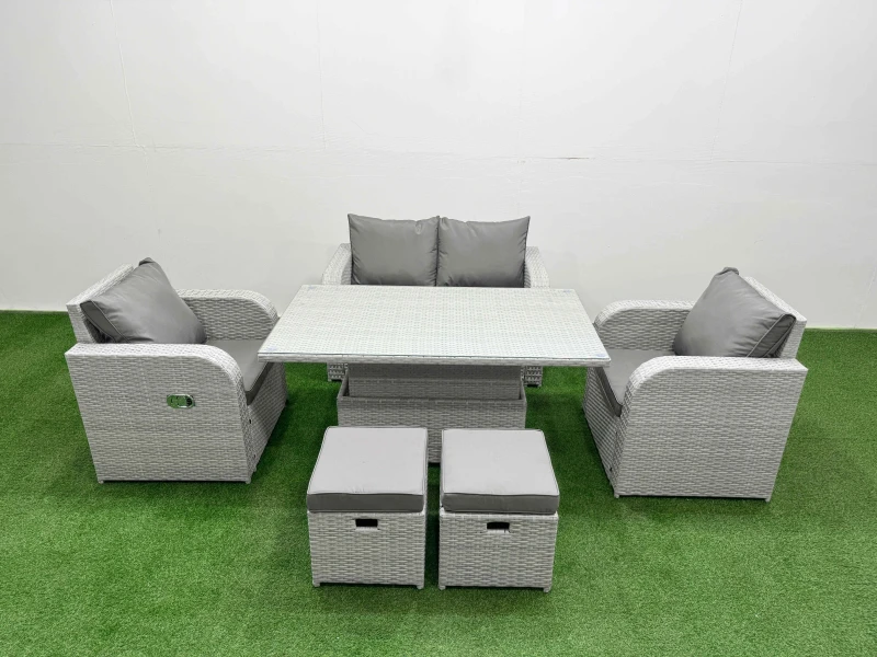 Image of Fimous Light Grey PE Wicker Rattan Garden Furniture Set Sofa Set Reclining Chair Adjustable Lifting Dining or Coffee Table 6 Seater 2 Small Stools Lig