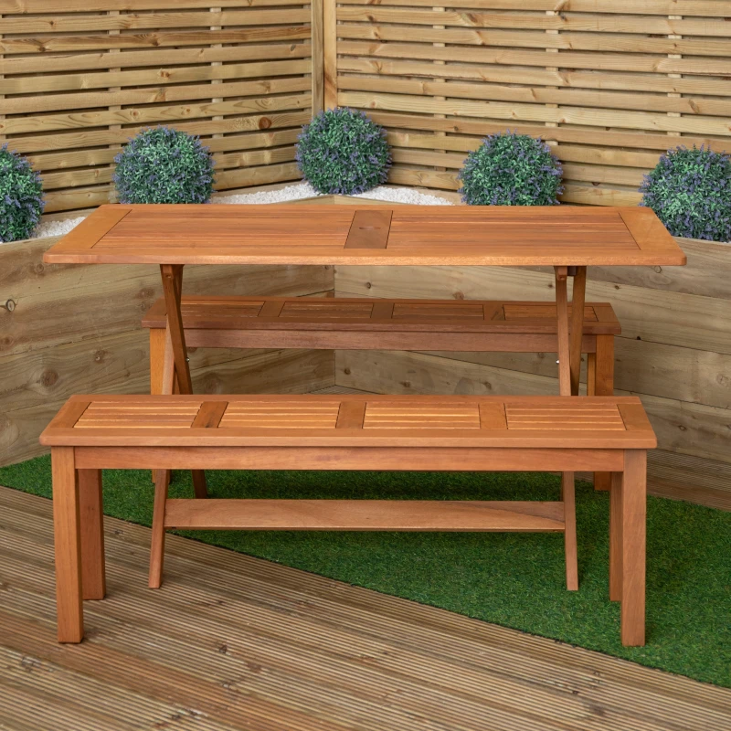 Image of Outdoor 4 Person Rectangular Wooden Garden Dining Table with 2 Benches