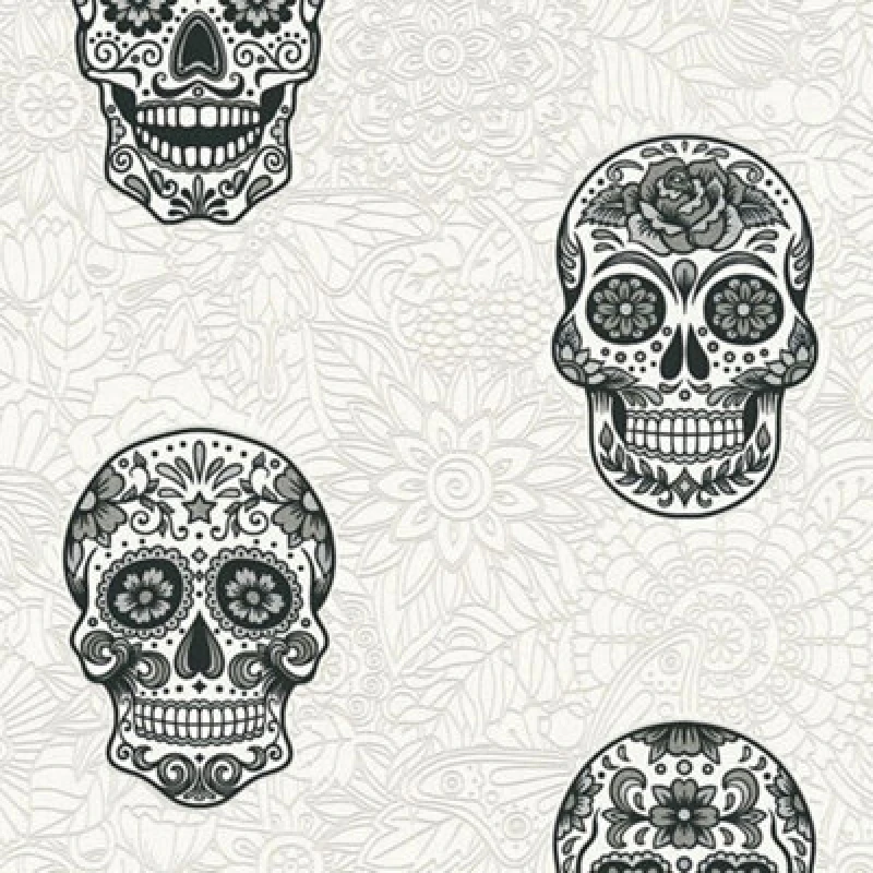 Image of A.S. Creation Gothic Skull Floral Flowers Tattoo Textured Embossed Vinyl Wallpaper White