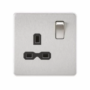 Image of KnightsBridge 1G 13A Screwless Brushed Chrome 230V UK 3 Pin Switched Electrical Wall Socket - Black Insert