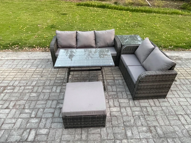Image of Fimous High Back Rattan Sofa Set Outdoor Garden Furniture Dining Table Set Love Sofa 3 Seater Sofa Big Footstool Dark Grey