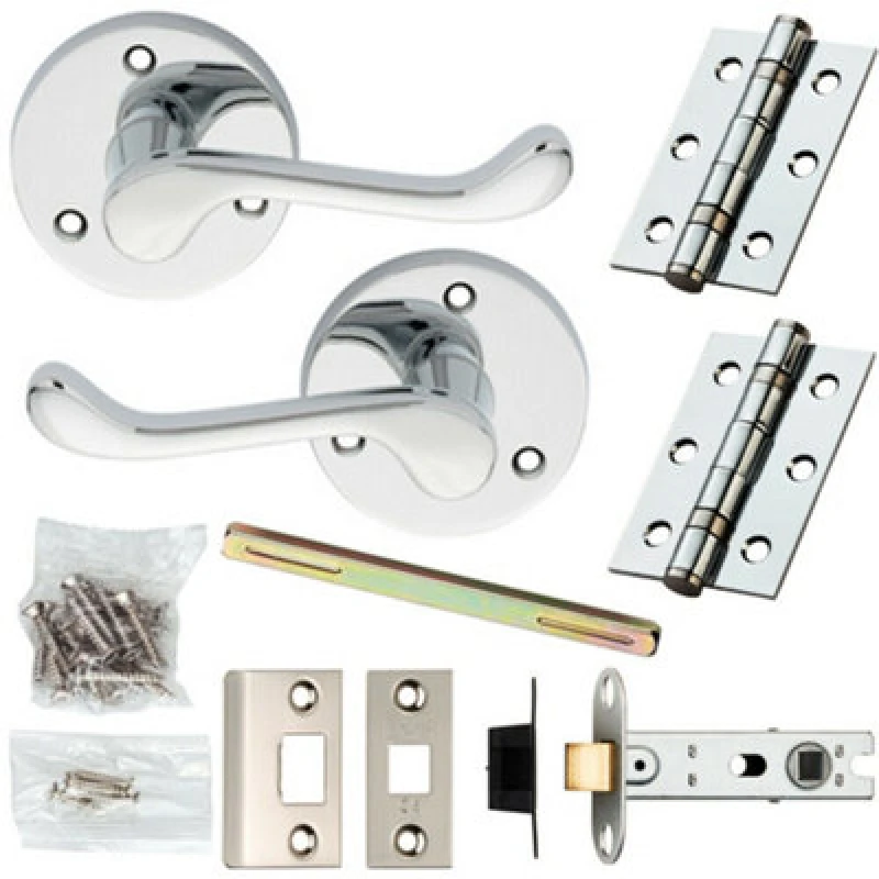 Image of Loops Door Handle & Latch Pack Chrome Victorian Scroll Curved Lever 58mm Round Rose Multi