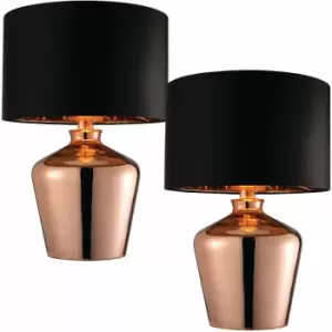 Image of 2 Pack Modern Mirror Table Lamp Gloss Copper Glass & Black Shade Feature Bedside Light