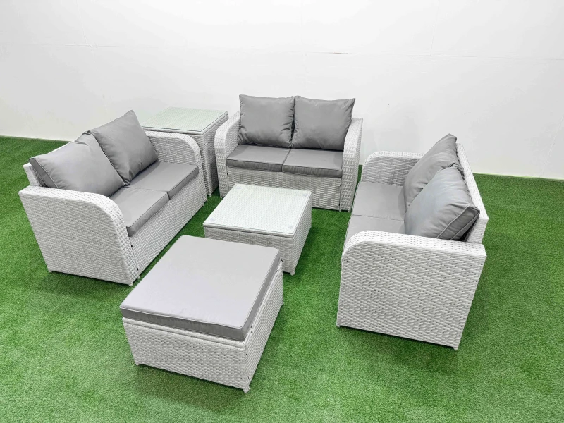 Image of Fimous 7 Seater PE Wicker Rattan Furniture Sofa Sets with Square Coffee Table 2 Seater Love Sofa Big Footstool Side Table Light Grey Light Grey