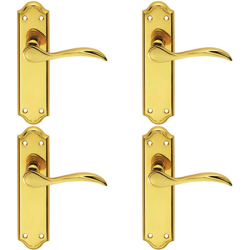 Image of Loops 4x PAIR Curved Door Handle Lever on Latch Backplate 180 x 45mm Polished Brass Metallics