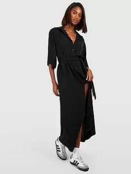 Image of Boohoo Belted Midaxi Shirt Dress - Black, Size 10, Women