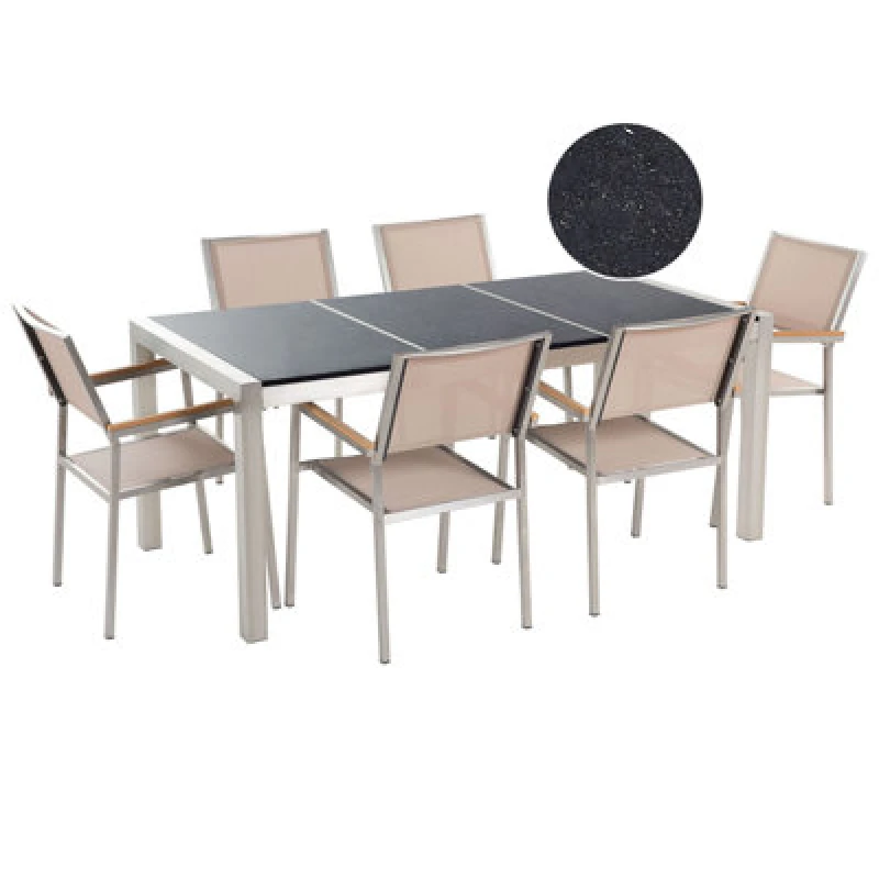 Image of Beliani Garden Dining Set 6 Seater Grosseto Triple Plate Granite Polished Black/ Beige