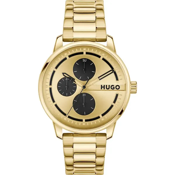 Image of HUGO 1530385 Mens #Stamp (44mm) Gold Dial / Gold-Tone Watch