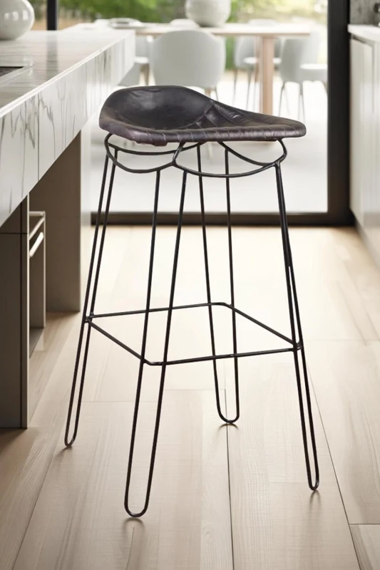 Image of FWStyle FWStyle Genuine Black Leather Bar Stool Metal Frame Ready Assembled Black One Size Unisex 5056413127532