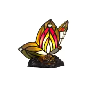 Image of Tiffany Butterfly Table Lamp, 1 x E14, Black Base With Green, Red Glass With Clear Crystal