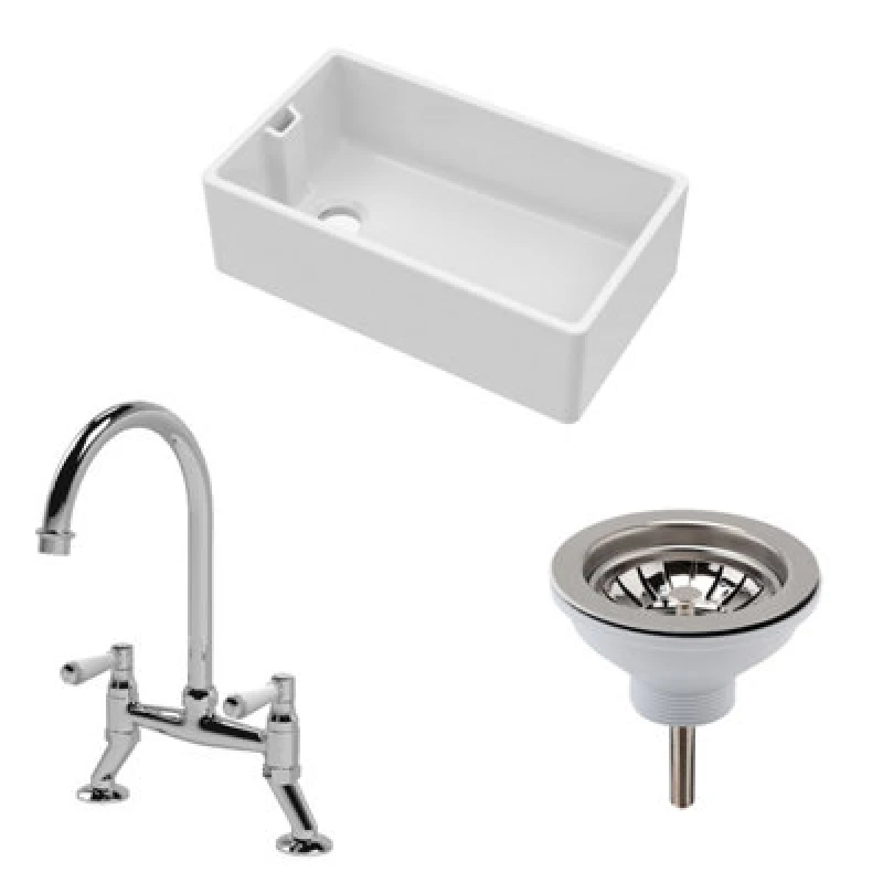 Image of Balterley 1 Bowl Belfast Sink Strainer Waste Tap Chrome 795mm Silver