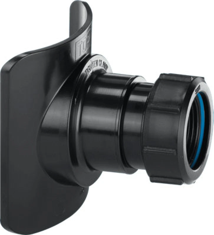 Image of McAlpine BOSSCONN82Z-BL Black Mechanical Soil Pipe Boss Connector for 57mm hole saw size, supplied with fixing tool and suitable for 4"/110mm soil pip
