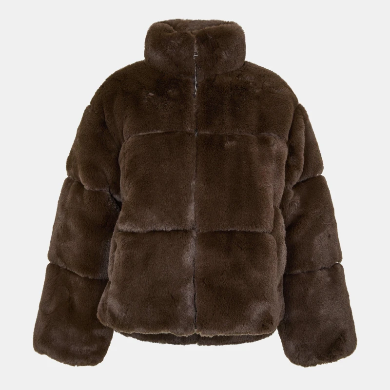 Image of Jack Wills Womens JW Fur Long Sleeve Short Puffer Jacket Chocolate female 8 (XS)
