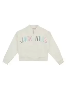 Image of Jack Wills Girls Foil Print Quarter Zip Sweat Top - Marshmallow, Marshmallow, Size Age: 8-9 Years, Women