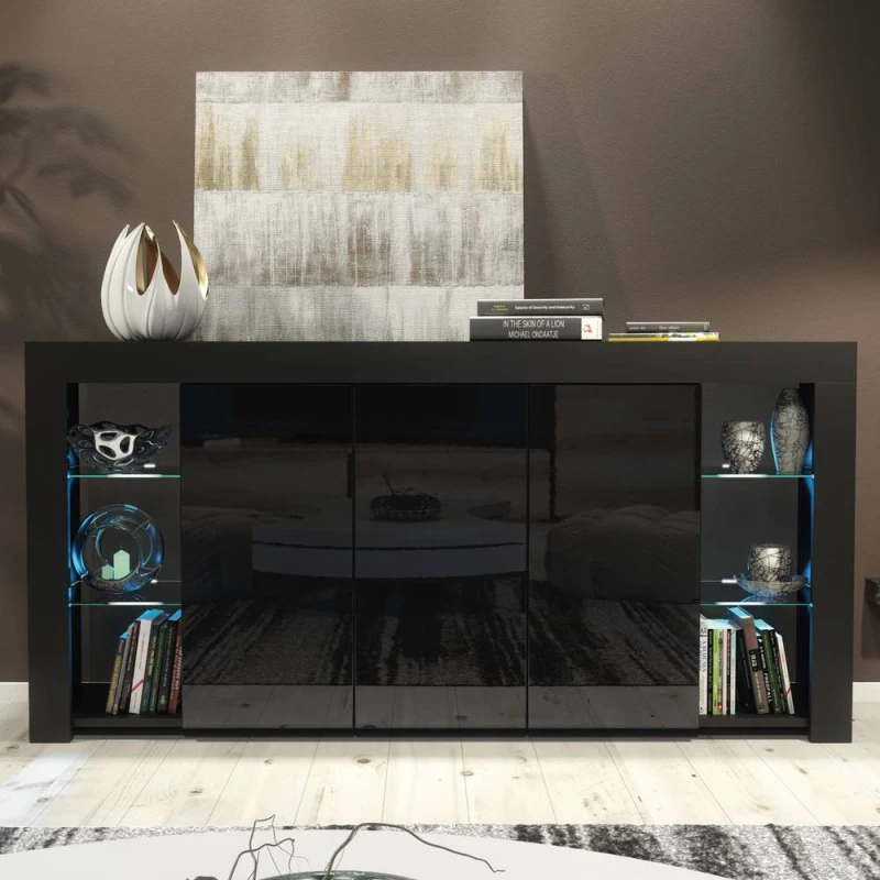 Image of Creative Furniture Eden Sideboard 164cm - Black with Gloss Doors & LED Lights Black Unisex