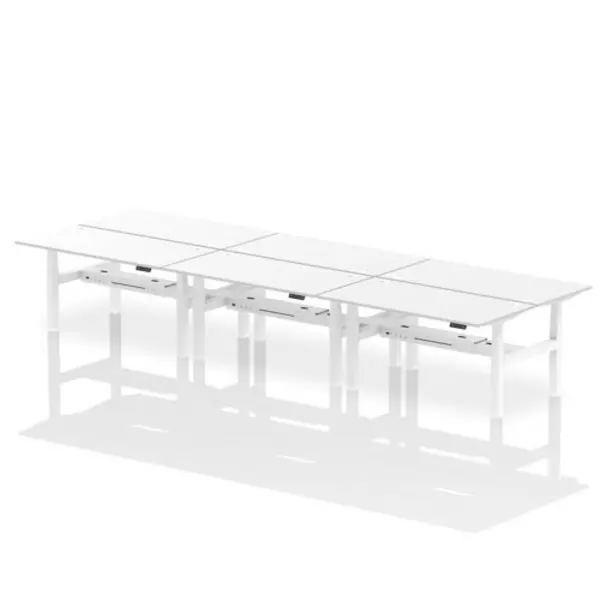 Image of Air Air Back-to-Back 1600 x 800mm Height Adjustable 6 Person Bench Desk White Top with Cable Ports White Frame HASCP6P16800WHTW