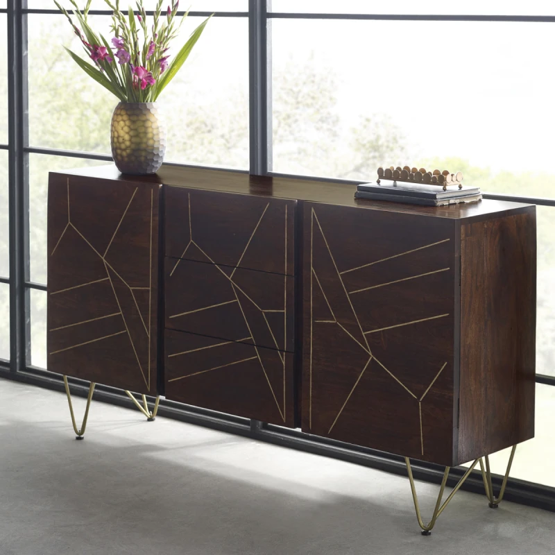 Image of Indian Hub Dark Gold Extra Large Sideboard 3 Drawers And 2 Doors