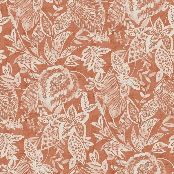 Image of Grandeco Mae Painted Jungle Leaves Linen Textured Wallpaper - Terracotta Orange