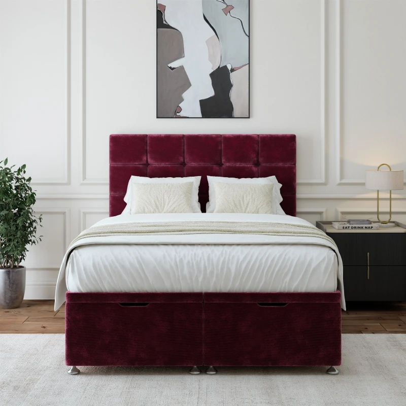 Image of Bedmaster Bedmaster Chenille Ottoman Divan Base And Square Headboard in Aubergine Size: Single Aubergine Single Unisex 7867868439907