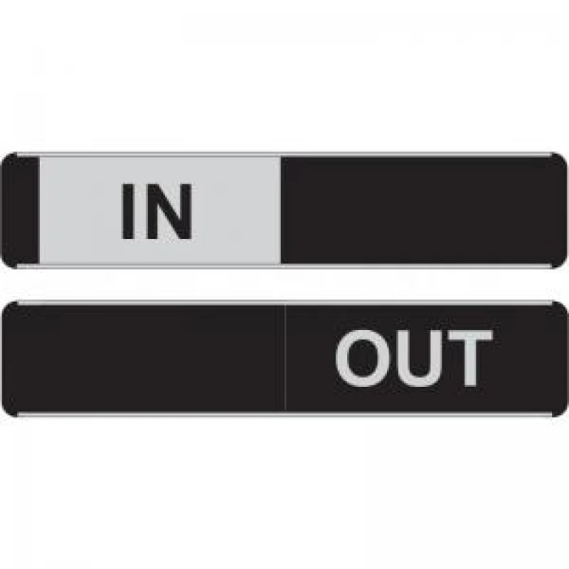 Image of Stewart Superior Seco Sliding Sign IN/OUT Door Sign Self Adhesive 255 x 52mm - OF166 OF166