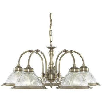 Image of Searchlight Lighting - Searchlight American Diner - 5 Light Multi Arm Multi Arm Ceiling Pendant Antique Brass, Ribbed Glass, E27