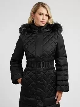 Image of Guess Marleen Down Long Line Quilted Jacket With Belt - Black, Size S, Women