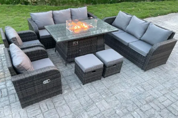 Image of Fimous 8 Seater Outdoor Dark Grey Rattan Lounge Complete Sofa Set with Gas Fire Pit Dining Table, Gas Heater, 2 Reclining Chairs, and 2 Stools