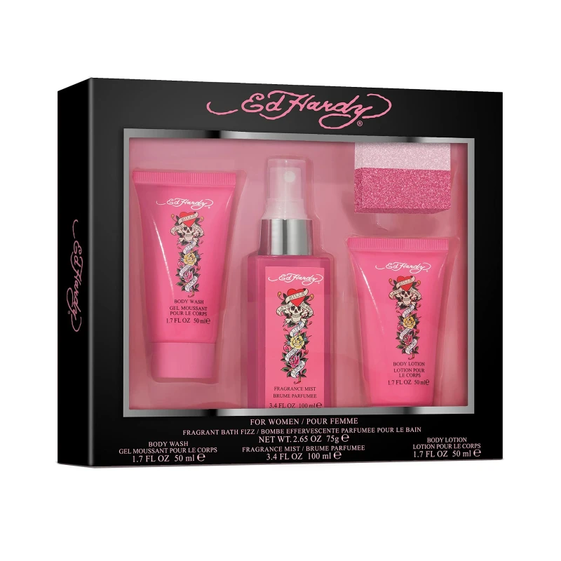 Image of Ed Hardy Women Gift Set 100ml Body Mist + 50ml Body Wash + 50ml Body Lotion + 75g Bath Fizz