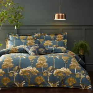 Image of Paoletti Riva Arboretum Blue 100% Cotton Duvet Cover and Pillowcase Set Blue and Gold