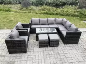 Image of Fimous 8 Seater Outdoor Dark Grey Rattan Lounge Complete Sofa Set with Rectangular Coffee Table and 2 Big Footstool