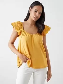 Image of Dorothy Perkins Broderie Sleeve Smock Top - Ochre, Orange, Size L, Women