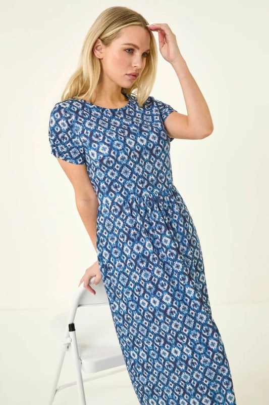 Image of Roman Womens Petite Abstract Gathered Waist Dress in Blue Size: 8 Blue Female 8