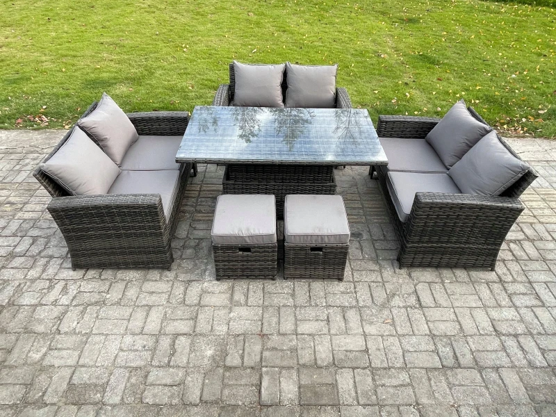 Image of Fimous Wicker PE Rattan Garden Furniture Set Height Adjustable Rising Lifting Table Sofa Dining Set with Double Seat Sofa in Dark Grey Dark Grey Unise