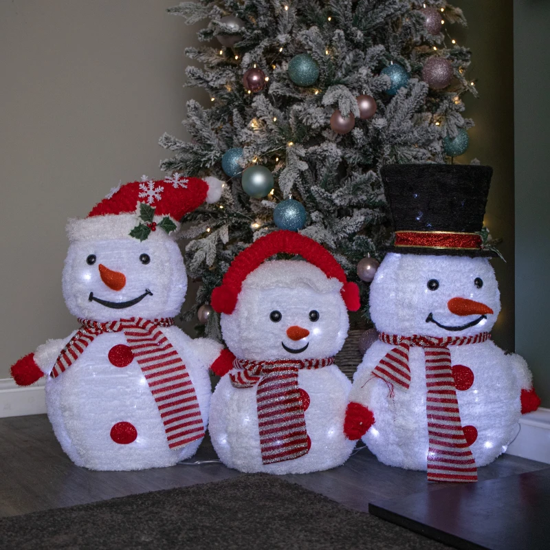 Image of 70cm Set of 3 Light up Foldable Cloth Christmas Snowmen with 130 White LEDs