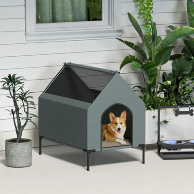 Image of Pawhut Dog House Outdoor Elevated Dog Bed With Removable Cover, Grey