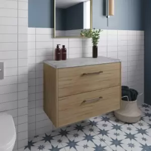 Image of Hudson Reed Juno Wall Hung 2-Drawer Vanity Unit with Bellato Grey Worktop 800mm Wide - Autumn Oak