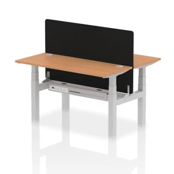 Image of Air Air Back-to-Back 1400 x 600mm Height Adjustable 2 Person Bench Desk Oak Top with Cable Ports Silver Frame with Black Straight Screen HASCP2P14600